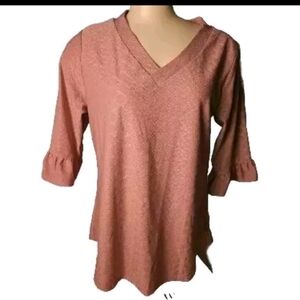 Lomon Womens Dusty Rose Mauve Pink 3/4 Ruffle Sleeve VNeck Blouse Size Large NWT